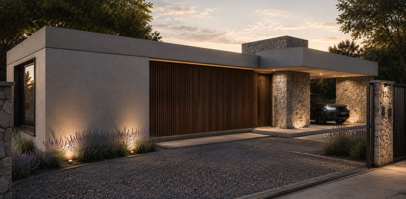 Imagen de proyecto del frente de la vivienda al atardecer