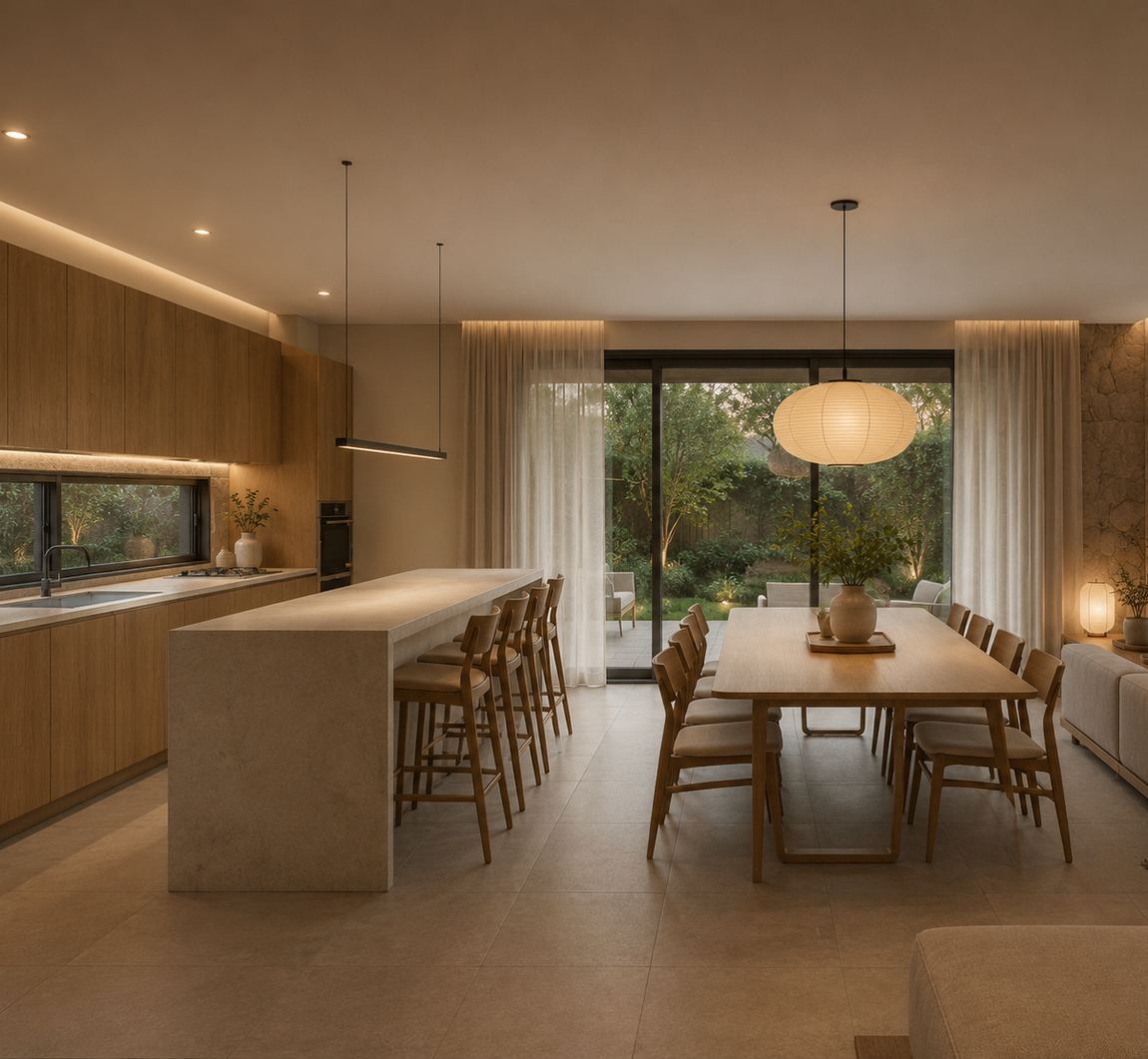 Imagen de proyecto del interior: cocina, isla y comedor abiertos a la galería