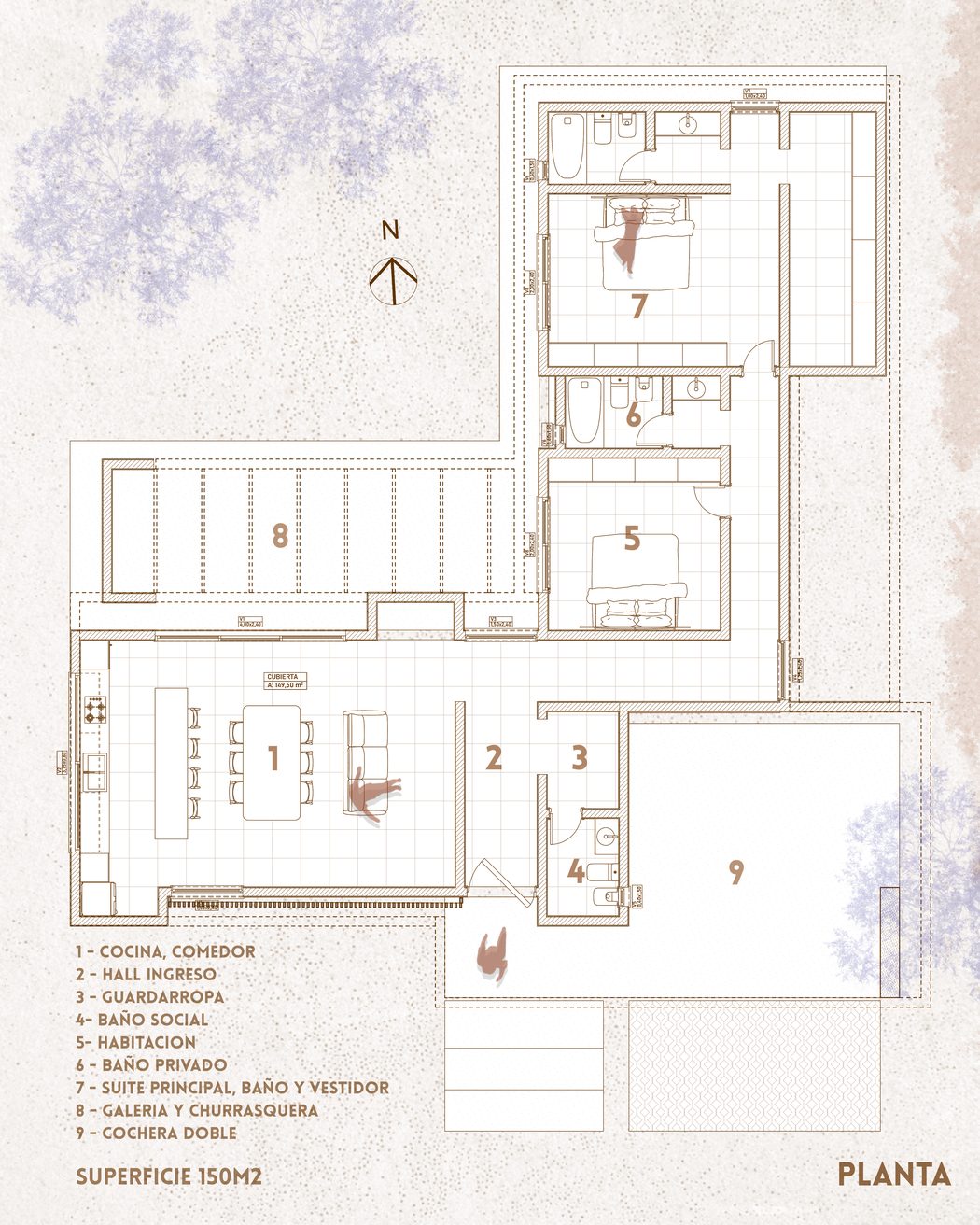 Planta de la vivienda de 150 m² con la distribución de los ambientes