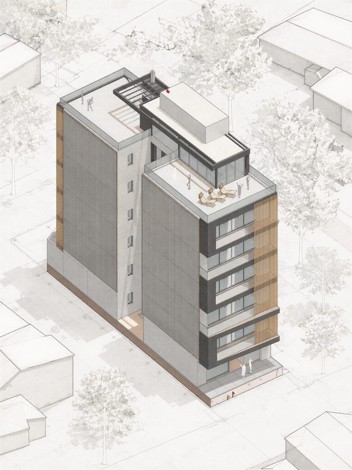 Axonometría del edificio de siete plantas proyectado y dirigido en San Luis, con su entorno urbano