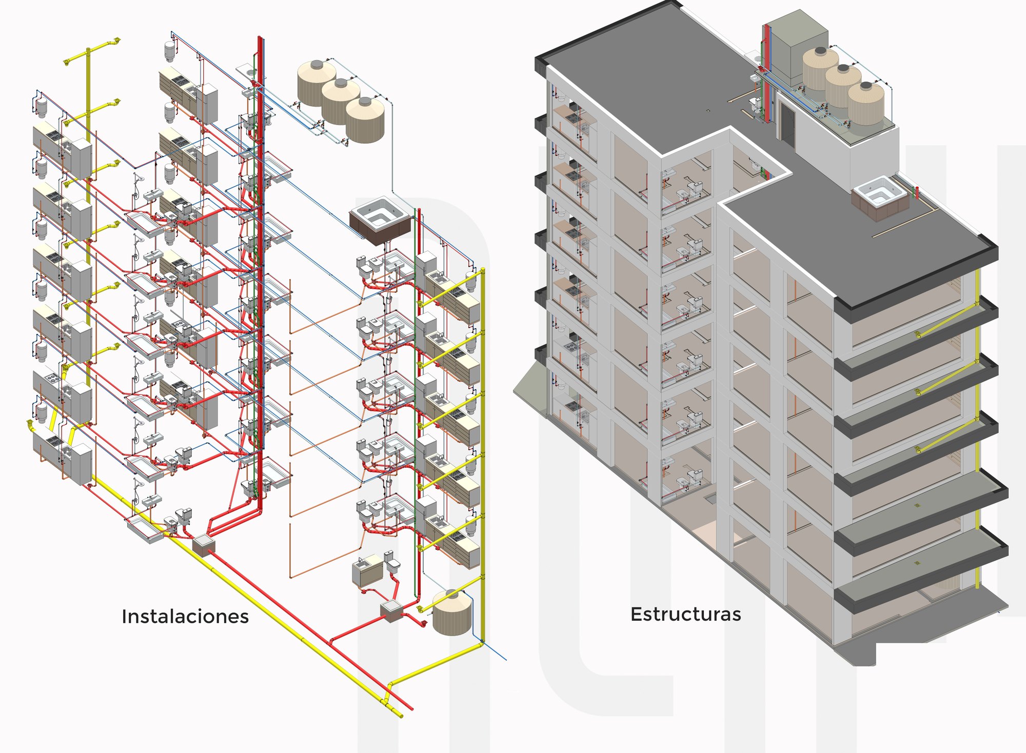 Axonometrías del proceso constructivo: instalaciones sanitarias y de gas por un lado, estructura por otro