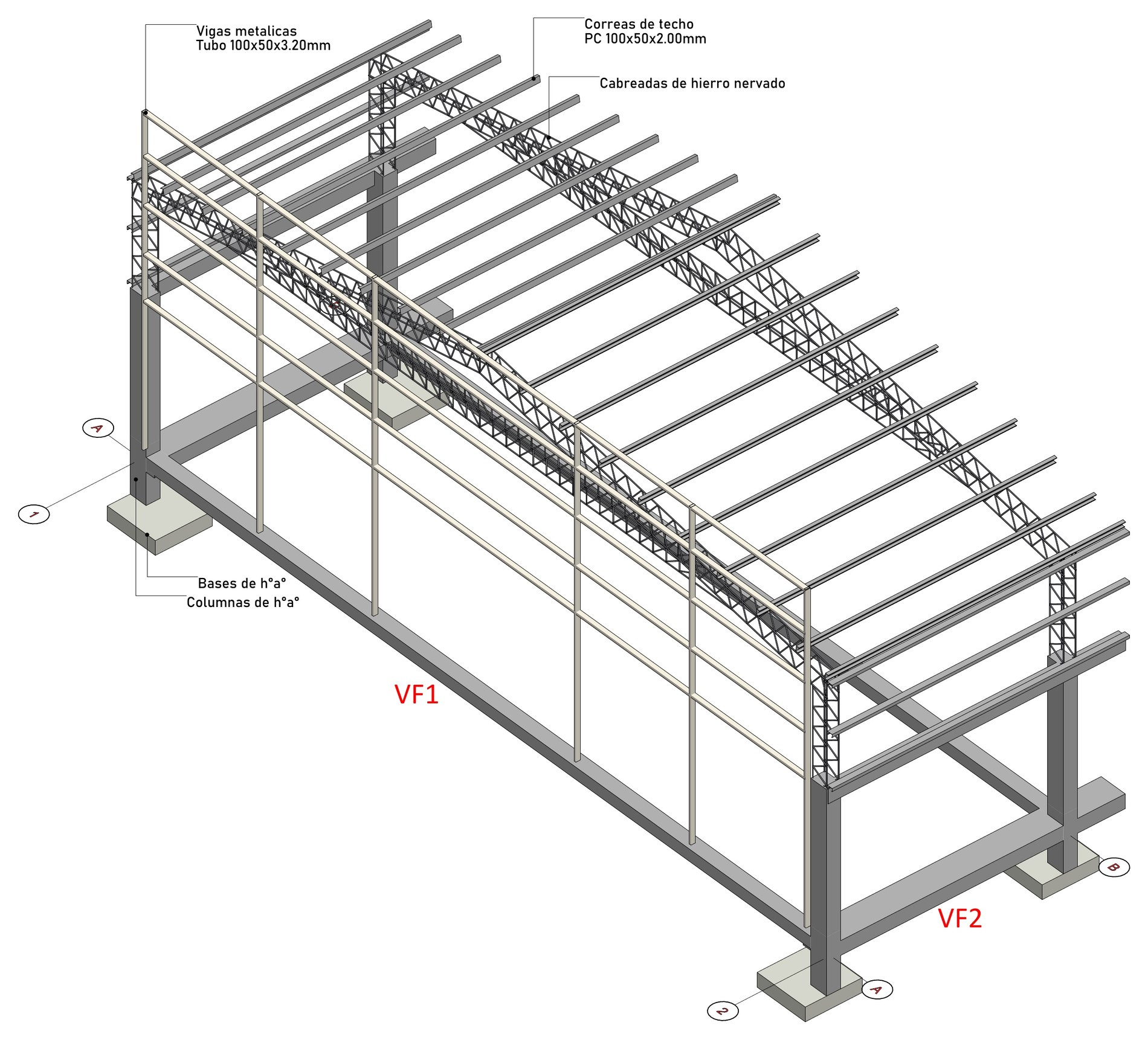 Axonometría estructural del galpón: columnas de hormigón, vigas metálicas, cabreadas y correas de techo